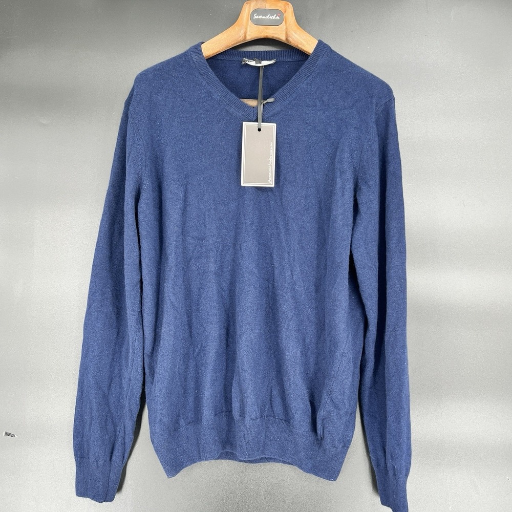 NWT Mantovani Studio 100% Italian Cashmere L Pullover Sweater Mens Blue *flaw*
